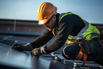 Fototapeta premium Technician installing solar panels on the roof Wear protective gloves and a helmet on the house roof to screw the solar panel during rooftop installation.
