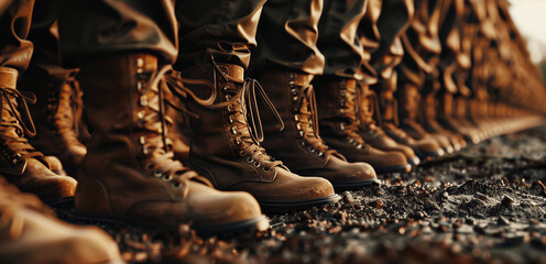 Focus on boots of hundreds of soldiers standing in line at attention and at the ready. Depth of field - 746585897
