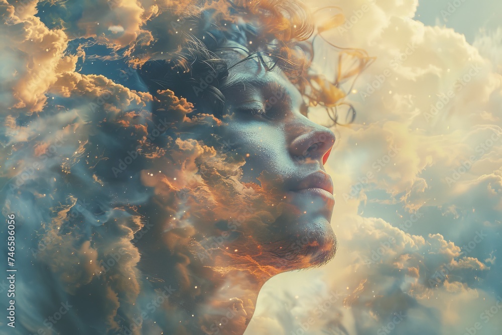 Poster dreamy image of clouds and light with a blurred square, suggesting introspection and ethereal concep
