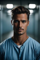 Obraz premium Man in Baseball Uniform Standing in Hallway. Generative AI.
