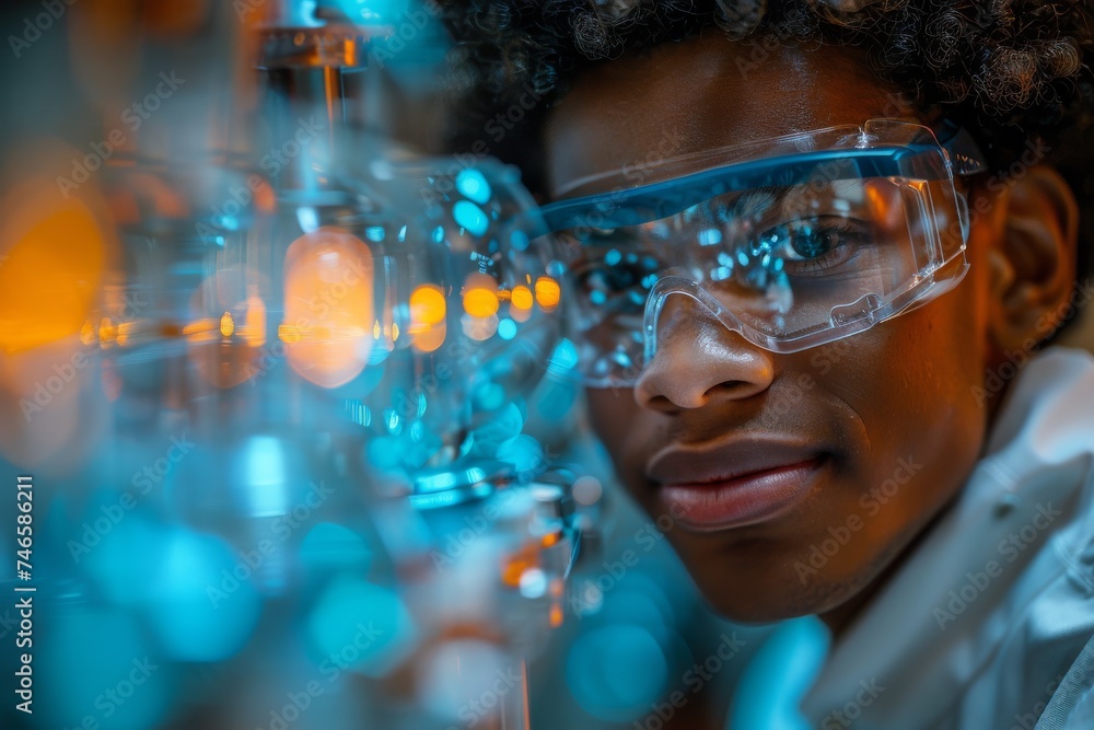 Aufkleber an intense scientific experiment in progress within a high-tech laboratory, focus on laboratory tool