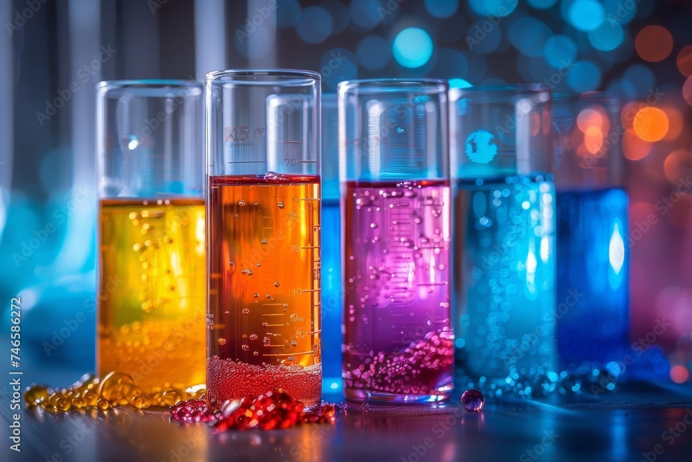 Poster vibrant image showing test tubes filled with colorful liquids and bubbles on a lit backdrop