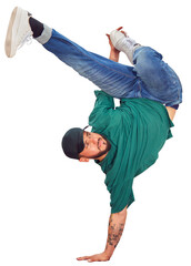 breakdancer guy performing inverted freeze technique on transparent background