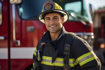 A firefighter in protective gear looks at the camera with a smile and adjusts his helmet while standing near a fire truck on a station.