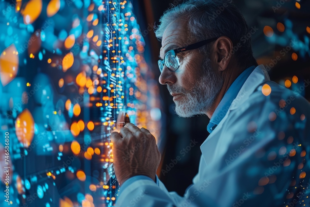 Poster an expert scientist scrutinizes complex data on a glowing digital screen, reflecting progress in res