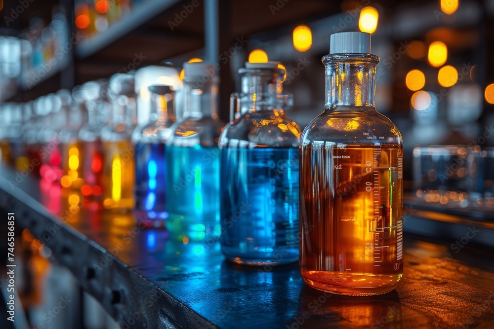 Poster a striking image showcasing a collection of laboratory flasks filled with glowing colorful liquids o