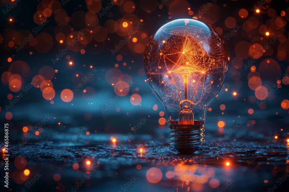 Poster a light bulb with intricate glowing patterns illuminates a dark space with sparkling light particles