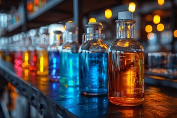 A striking image showcasing a collection of laboratory flasks filled with glowing colorful liquids on a dark shelf with bokeh lights