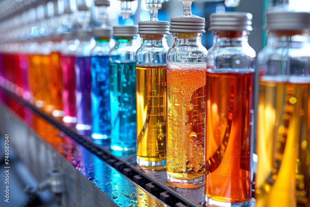 Poster colorfully filled test tubes lined up on an industrial lab setting with reflective metallic surface 