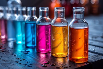 Vibrant glass bottles filled with colorful liquids on a reflective wooden surface with bokeh backdrop