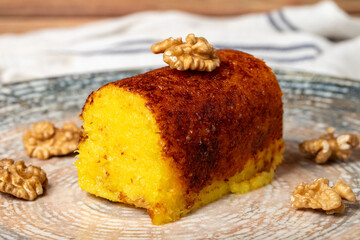Fried sherbet cheese dessert. Milk dessert. Slices of cheese dessert on a plate. Local name peynir...