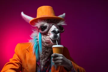 Deurstickers a llama wearing a hat and glasses drinking from a cup © Alex