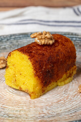 Fried sherbet cheese dessert. Milk dessert. Slices of cheese dessert on a plate. Local name peynir tatlisi. Close up