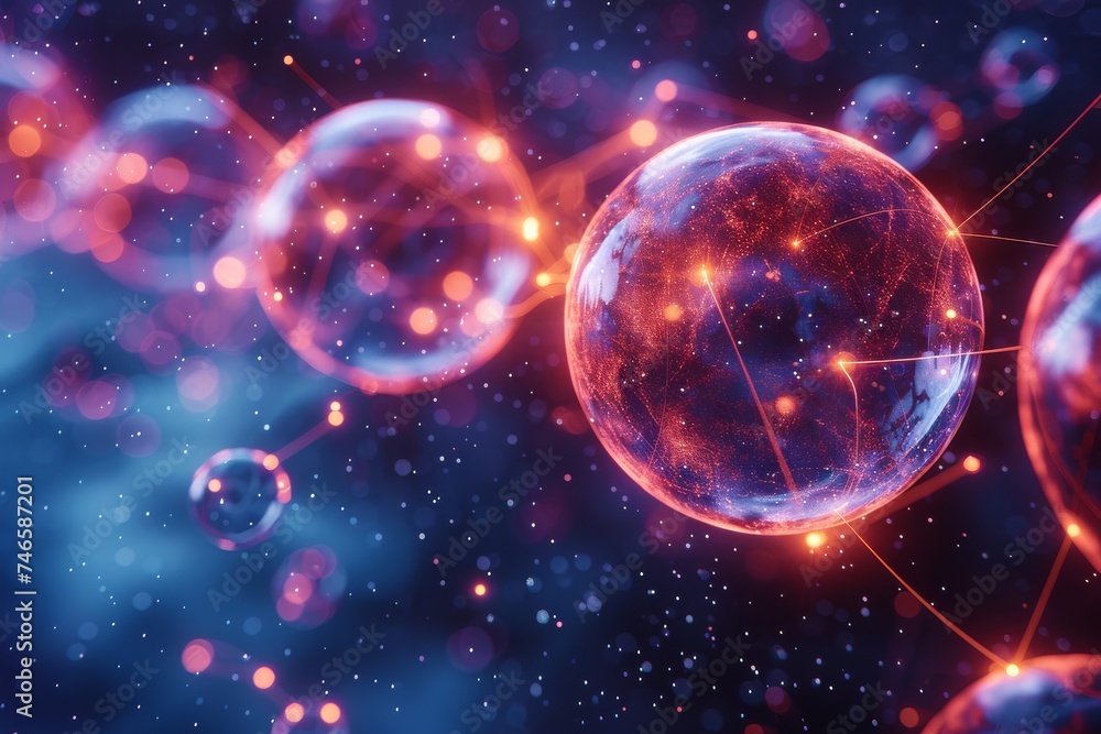 Poster ethereal cosmic simulation with neon glowing spheres representing concepts of science, astronomy, qu