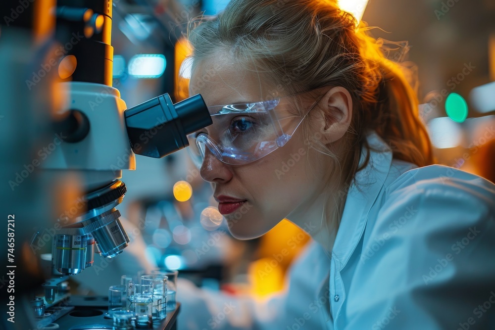 Poster scientist in a laboratory meticulously analyzing samples under a microscope, with emphasis on diagno