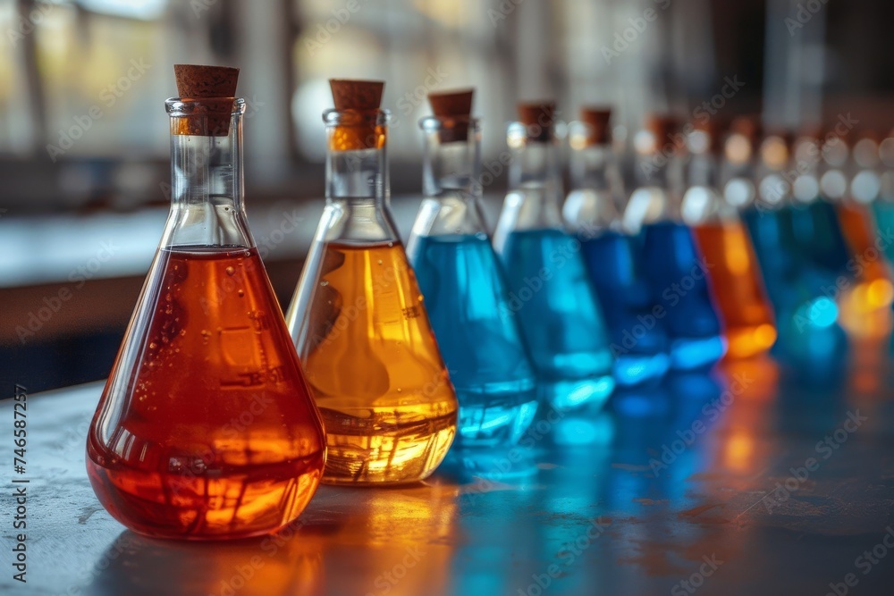 Poster a series of flasks containing colorful liquids aligned on a laboratory benchtop, signifying scientif