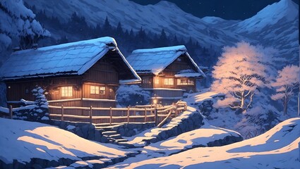 Snowy Cabin Painting in a Winter Landscape. Generative AI. - 746587299