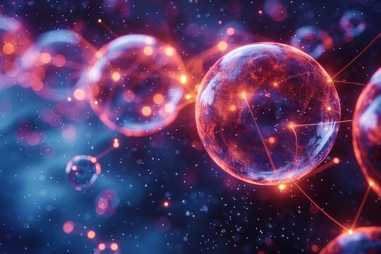 Ethereal cosmic simulation with neon glowing spheres representing concepts of science, astronomy, quantum mechanics, and the vast universe