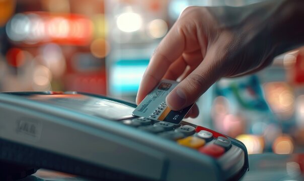 A customer paying by tapping credit card to a swiping machine