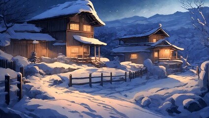 Snowy Landscape With Houses Painting. Generative AI. - 746587414