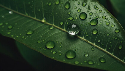 Green leaves with water drops. Natural background. Spring or summer season.