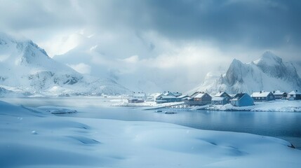 Beautiful landscape, snow village with cloudy sky. Beautiful to look at. - obrazy, fototapety, plakaty