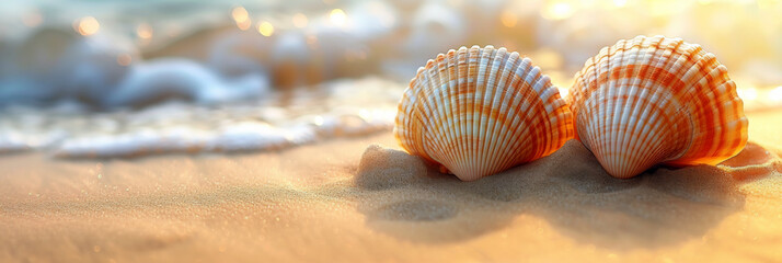 Fototapeta na wymiar Banner with Two seashells placed on sandy beach