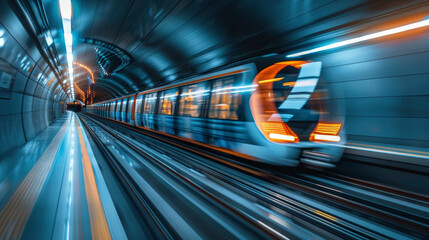 Subway train moving through colorful tunnel