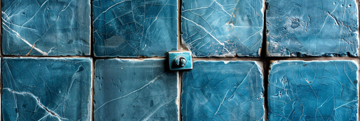 Detailed view of a wall covered in blue ceramic tiles