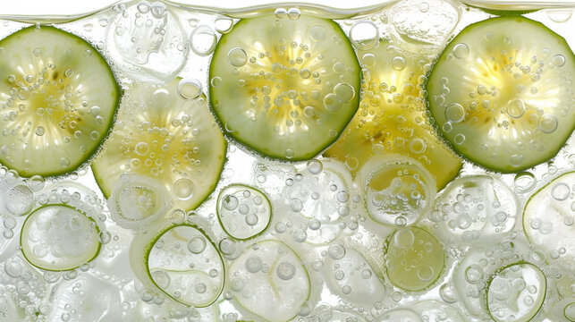 Fresh cucumber slices floating in a glass of water with bubbles