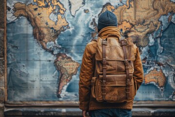A traveler with a large backpack stands contemplating a vintage world map on a wall, hinting at...