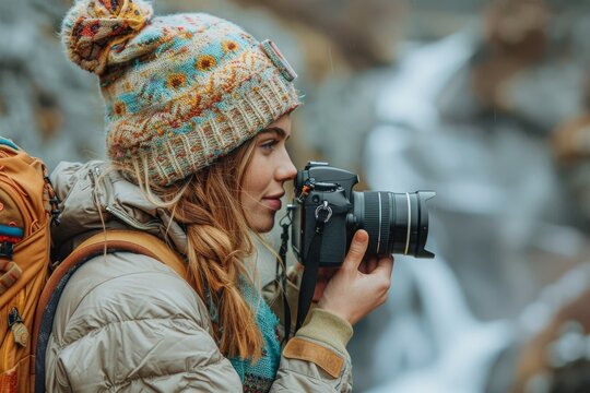 A photographer in a colorful winter hat captures the beauty of a snowy landscape at a serene location