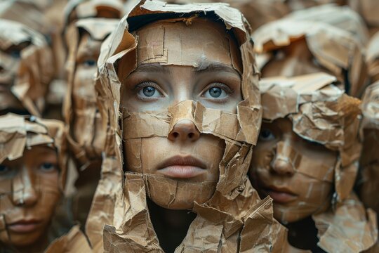 A surreal image of a woman amidst a sea of paper masks, highlighting themes of conformity and identity