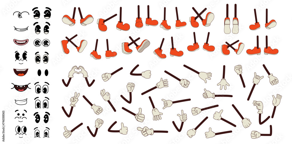 Poster constructor of legs, facial expressions and arms in different poses in groovy. vector illustration. 