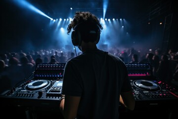 Cropped male DJ mixing songs on a controller during a concert in a dark nightclub at night