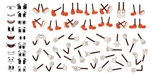 Constructor of legs, facial expressions and arms in different poses in groovy. Vector illustration. Hippie and psychedelic sticker collection. Funky vintage retro design. Comic Boots. 70-80s. Shoes