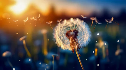 Foto op Plexiglas Fancy fluffy white dandelion with seeds flying in the wind. Macro shot of summer nature scene. Blurred background of summer meadow at sunrise or sunset. Close-up. Copy space. © Marina_Nov