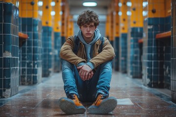 Teenage boy sitting alone in a school corridor, looking pensive, representing solitude or bullying - obrazy, fototapety, plakaty