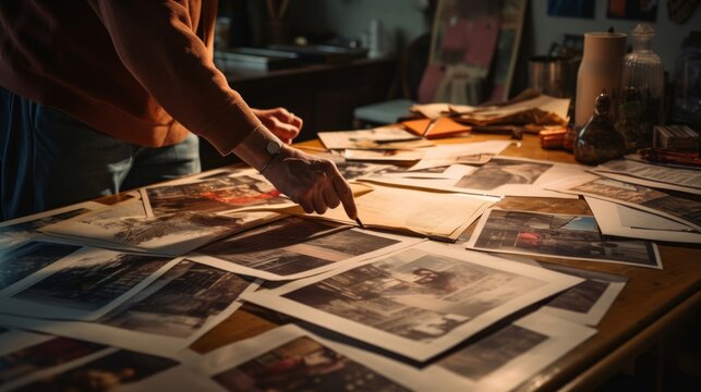Editor arranges vintage photos and clippings nostalgic mood well-lit drafting table