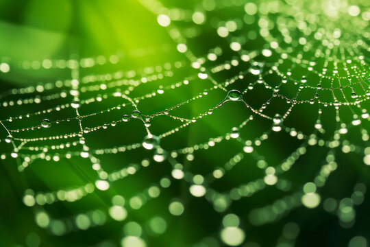 Cobweb. Spider web with drops of water after rain in forest, on fresh green background. Glowing beads of water, illusion of pearls strung on silk thread. Cleanliness and freshness morning. Close-up.