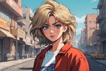 Woman With Blonde Hair Standing on a City Street. Generative AI. - 746588669