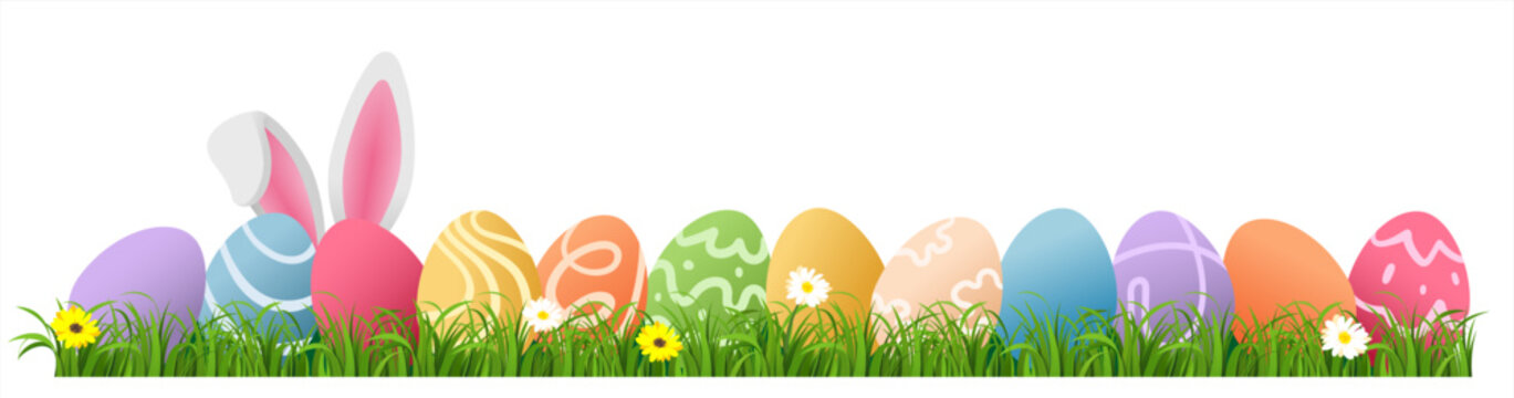 Easter bunny ears with easter eggs on meadow with flowers background banner transparent. Vector 10 eps.
