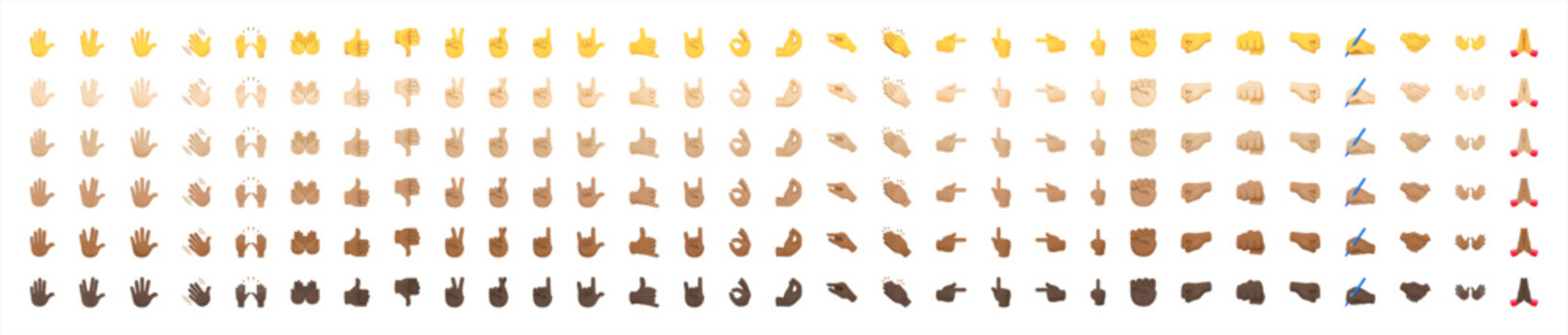 All type of hand emojis, gestures, stickers, emoticons flat vector illustration symbols set, collection. Hands, handshakes, muscle, finger, fist, direction, like, unlike, fingers. vector 10