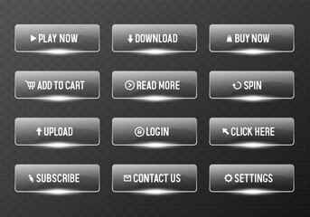 Glass buttons in a metal frame. Big set of vector buttons isolated on transparent background.