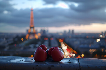 Boxing gloves on the parapet against the backdrop of fictional views of night Paris and the Eiffel Tower. Concept of the Olympic Games in Paris 2024