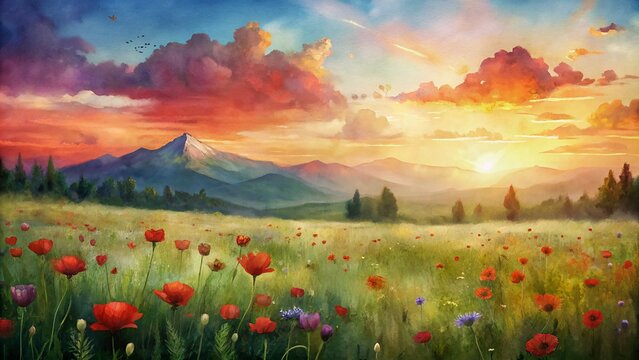 Watercolor Painting of Meadow with Poppies and Mountains at Sunset - Digital Art for Printable Wall Decor