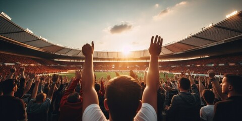 Football fans who cheer on their favorite football team at a crowded stadium in the evening win the championship.