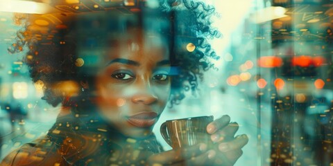African American woman with luscious black hair savors her coffee in a double exposure image, blending seamlessly with bokeh lights, enveloping the scene in a dreamy, reflective ambiance.