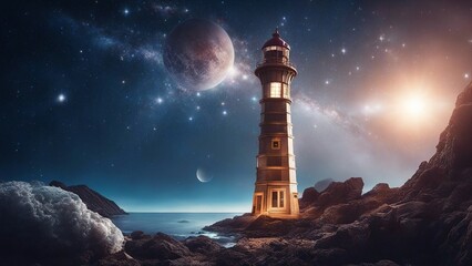 lighthouse at night A fantasy lighthouse in a cosmic space, with stars, planets, and a comet.  