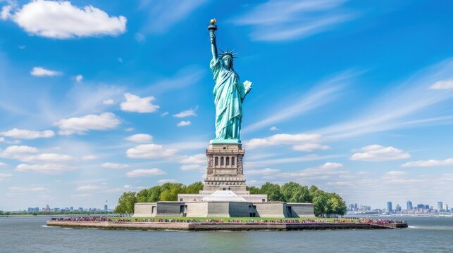 The Statue of Liberty sits on New York's Liberty Island against a beautiful blue sky with clouds.